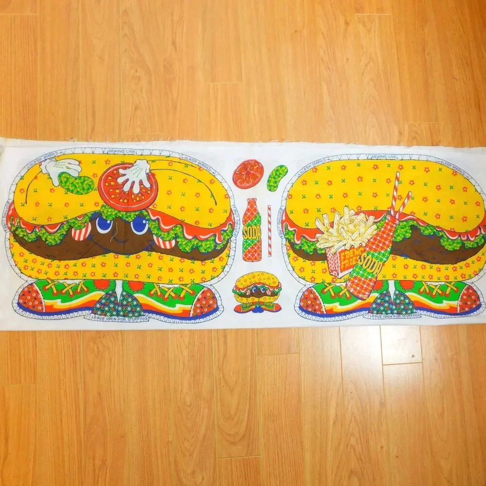 Calico Burger Pillow Panel Fabric Sewing Cushion Vintage Craft Cute Novelty NEW